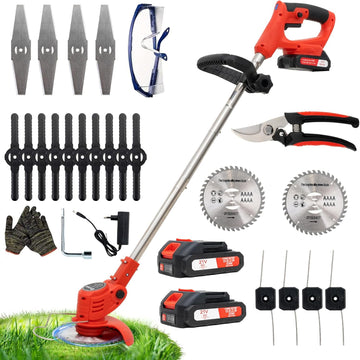 Debroussailleuse Electrique sans Fil, Débroussailleuse à Gazon Pliable avec 2 Batteries et 4 Types de Lames, Poignée réglable, Coupe Bordures pour la Coupe de Jardin, Pelouses et Terres Agricoles