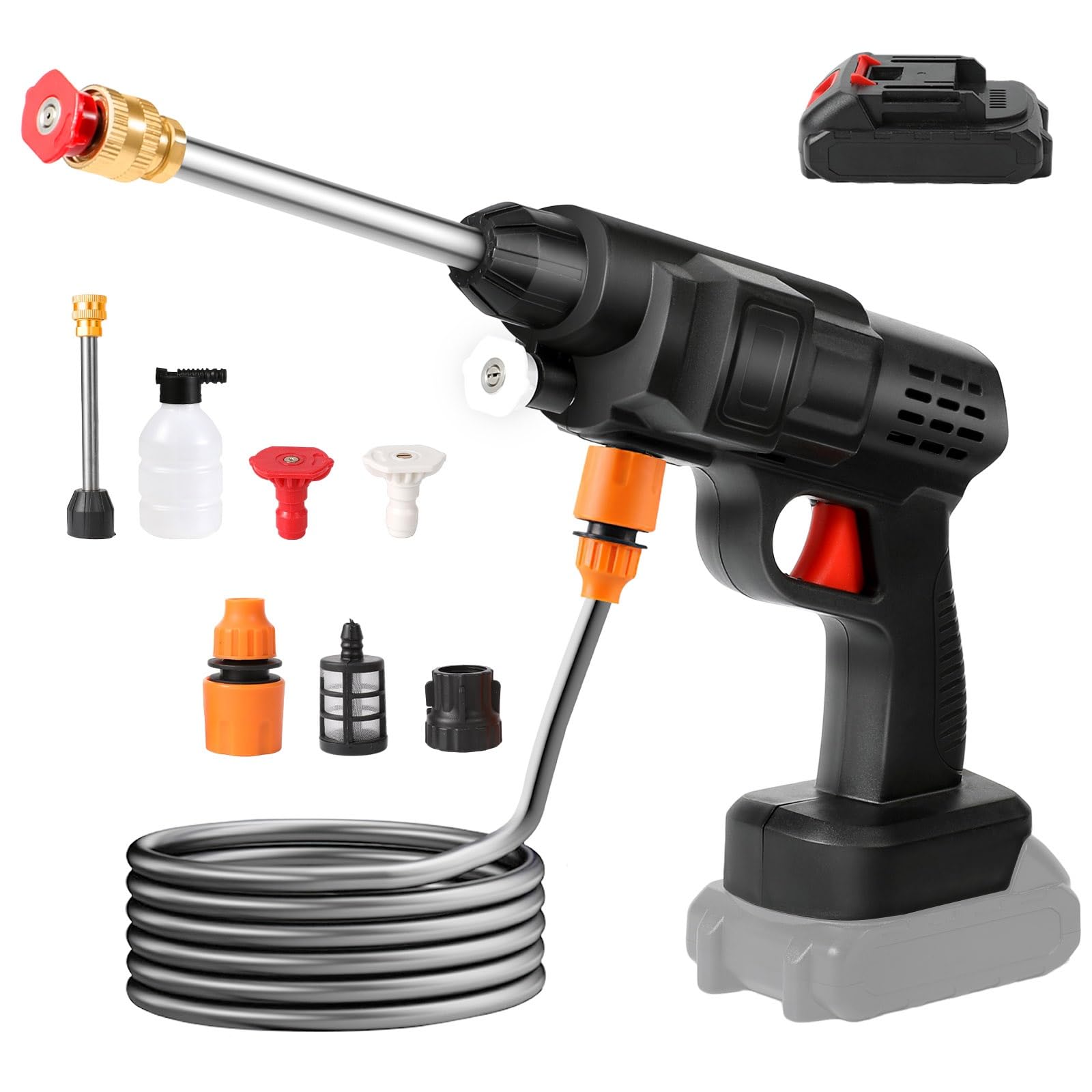 Nettoyeur Haute Pression sans Fil 60 Bar, 300W Nettoyeur Haute Pression à Batterie, Pistolet à Eau pour Lavage De Voiture avec Batteries, Tuyau 5m, Pulvérisateur de Mousse (B-2 Batterie)