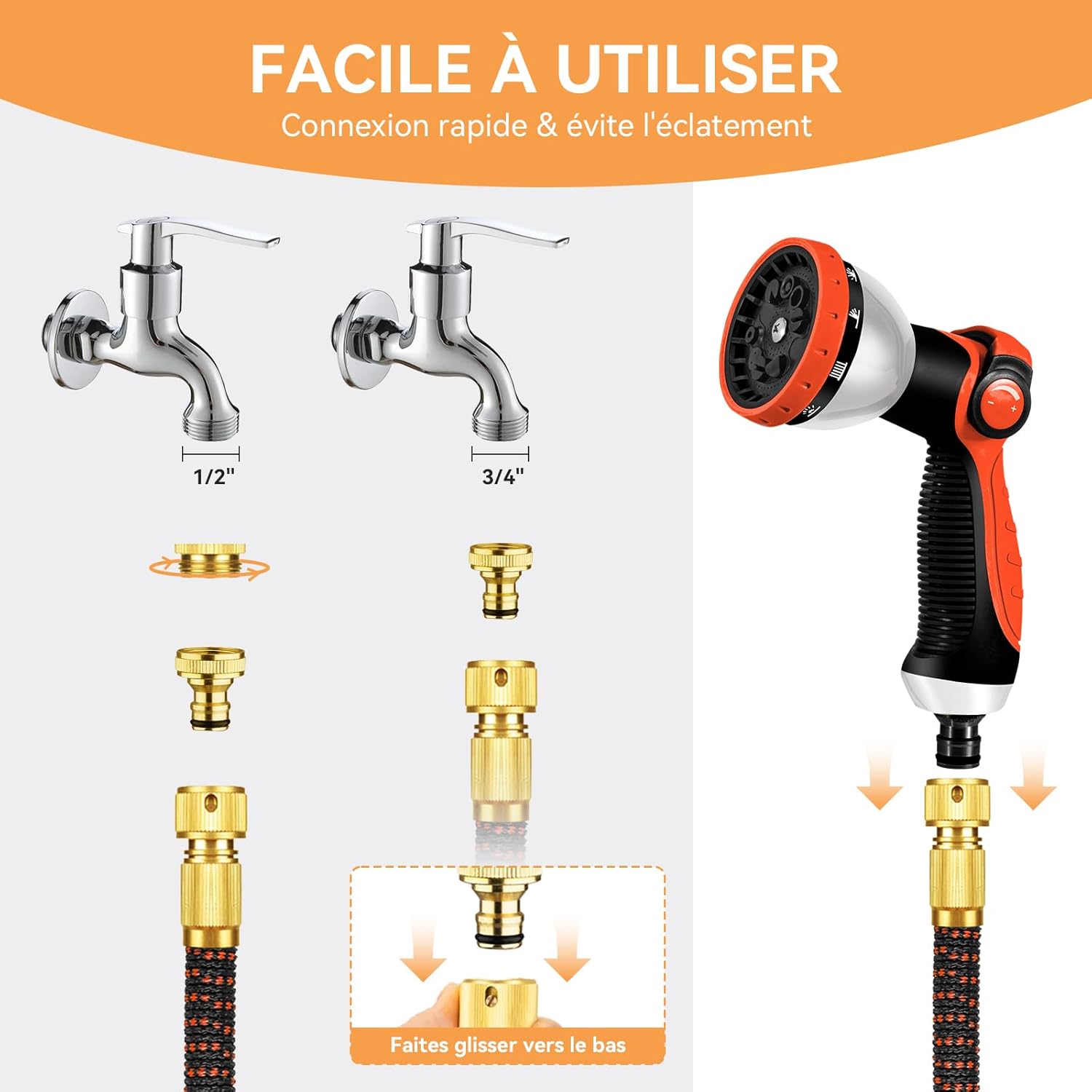 Yofidra Tuyau d'Arrosage Extensible 30m/100Ft avec 10 Modèles de Pulvérisation Convient aux Robinets de 1/2" et 3/4" Raccords en Métal Durables pour Jardin, Arrosage, Nettoyage