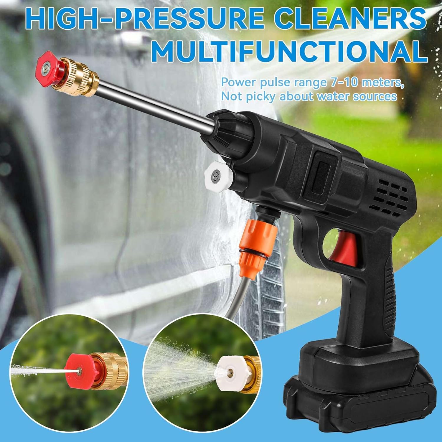 Nettoyeur Haute Pression sans Fil 60 Bar, 300W Nettoyeur Haute Pression à Batterie, Pistolet à Eau pour Lavage De Voiture avec Batteries, Tuyau 5m, Pulvérisateur de Mousse (B-2 Batterie)