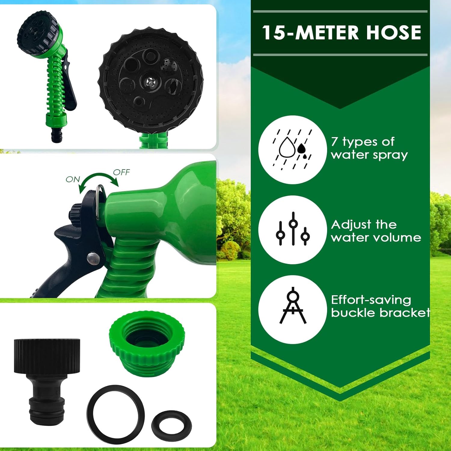Gsakskdsap Tuyau d'Arrosage Extensible 15m, Tuyau Arrosage Extensible avec 7 Modes de Pulvérisation, D'Arrosage Flexible, Léger et Facile à Ranger Pour Irrigation, Jardin, Arrosage, Nettoyage