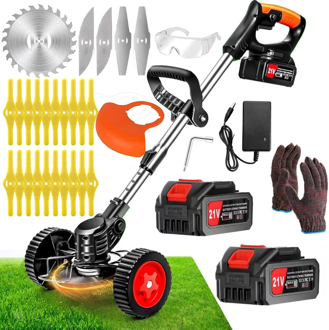Débroussailleuse Electrique sans Fil 21V 4000Ah Coupe Bordure avec 2 Batterie et Chargeur Taille Bordure avec Roues & 3 Types De Lames,Légère à Faible Bruit pour La Coupe De Jardin, Pelouses Arbustes