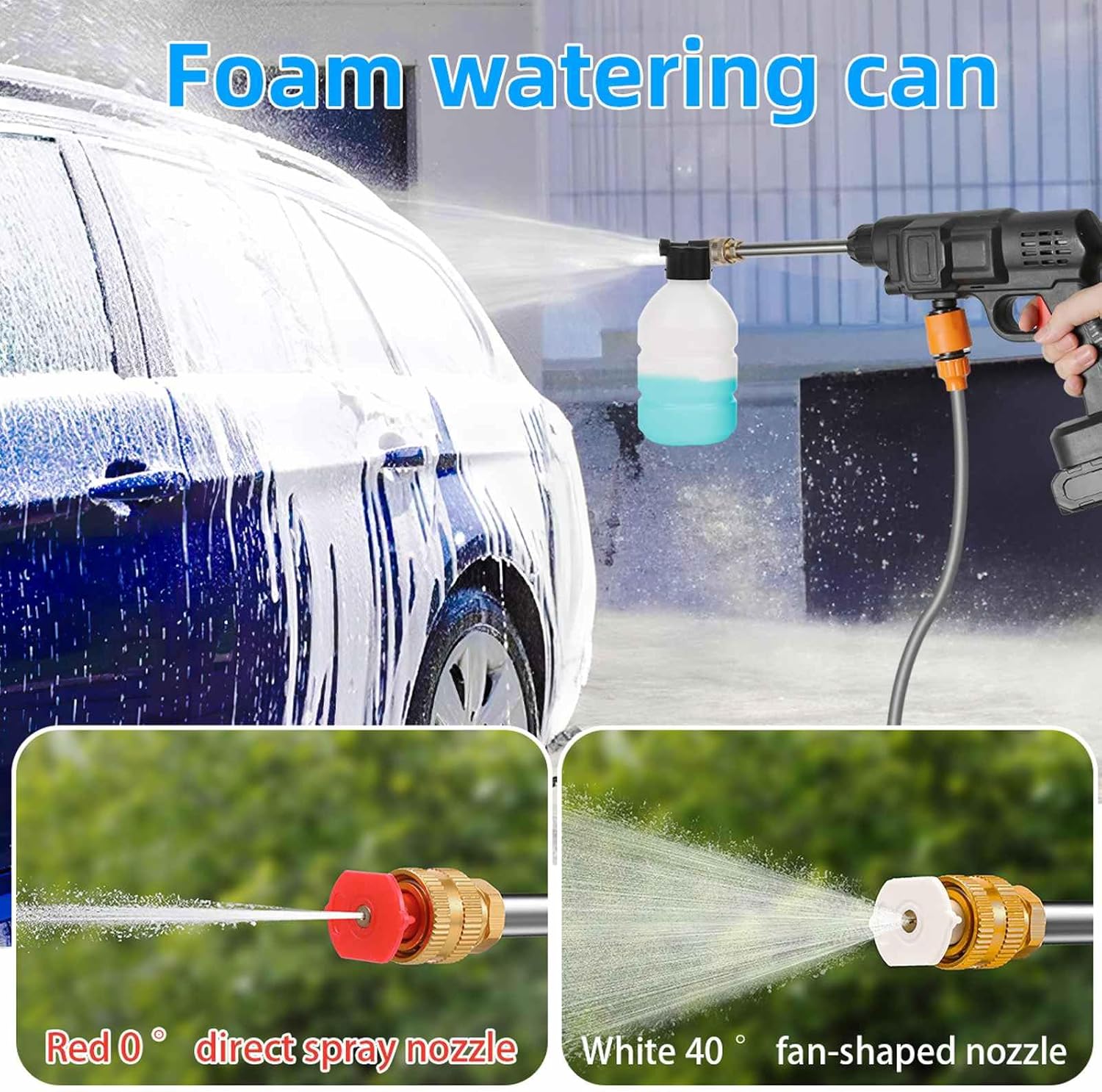 Nettoyeur Haute Pression sans Fil 60 Bar, 300W Nettoyeur Haute Pression à Batterie, Pistolet à Eau pour Lavage De Voiture avec Batteries, Tuyau 5m, Pulvérisateur de Mousse (B-2 Batterie)