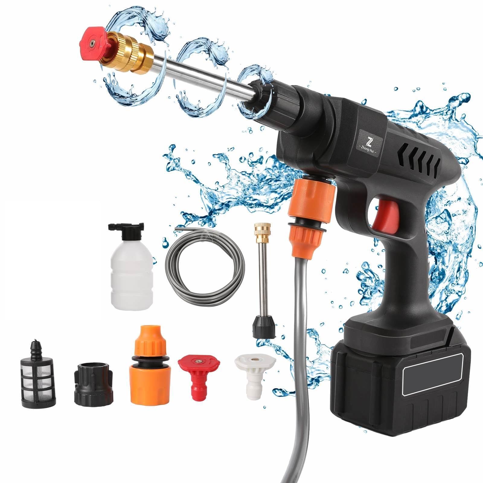 Nettoyeur Haute Pression sans Fil 60 Bar, 300W Nettoyeur Haute Pression à Batterie, Pistolet à Eau pour Lavage De Voiture avec Batteries, Tuyau 5m, Pulvérisateur de Mousse (B-2 Batterie)