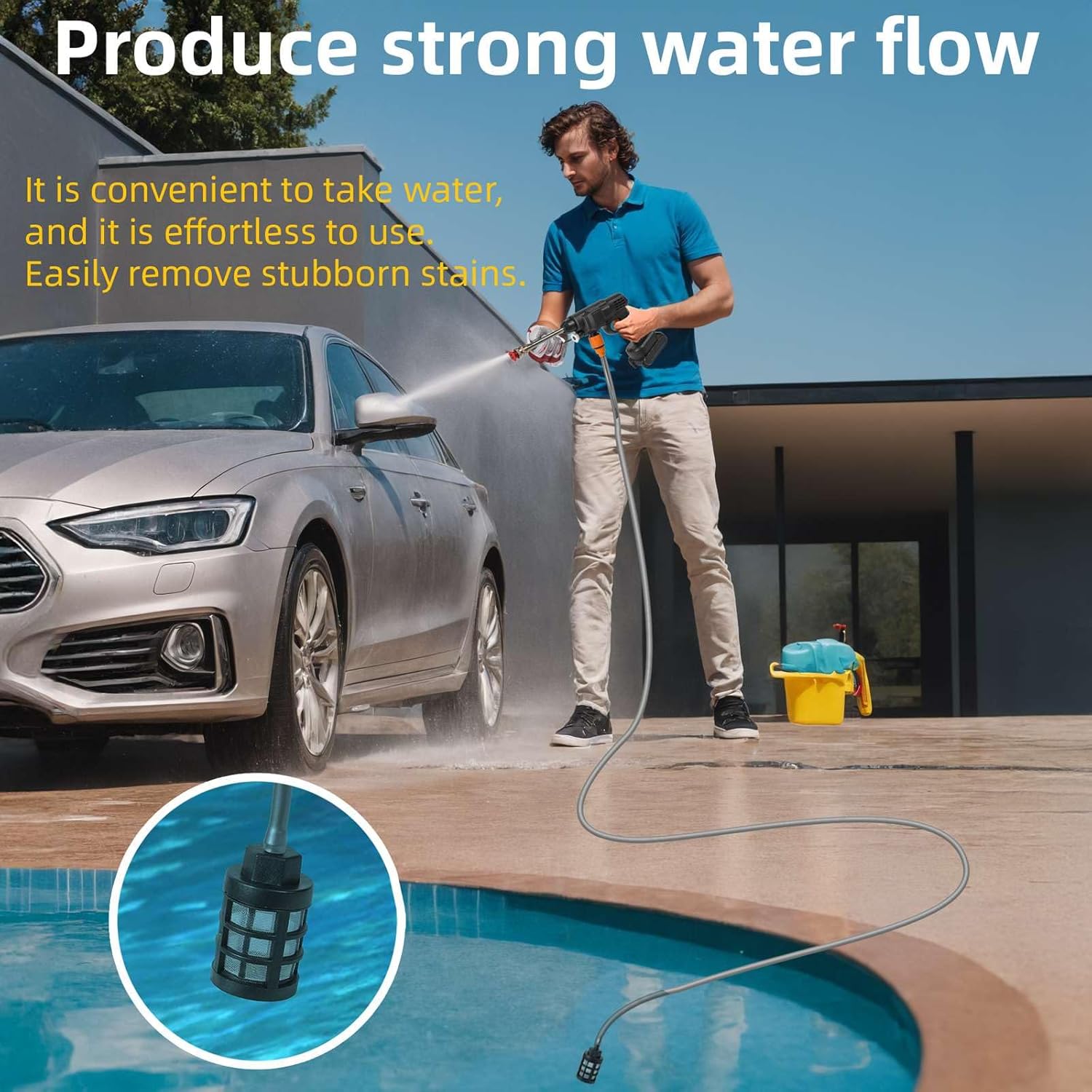 Nettoyeur Haute Pression sans Fil 60 Bar, 300W Nettoyeur Haute Pression à Batterie, Pistolet à Eau pour Lavage De Voiture avec Batteries, Tuyau 5m, Pulvérisateur de Mousse (B-2 Batterie)