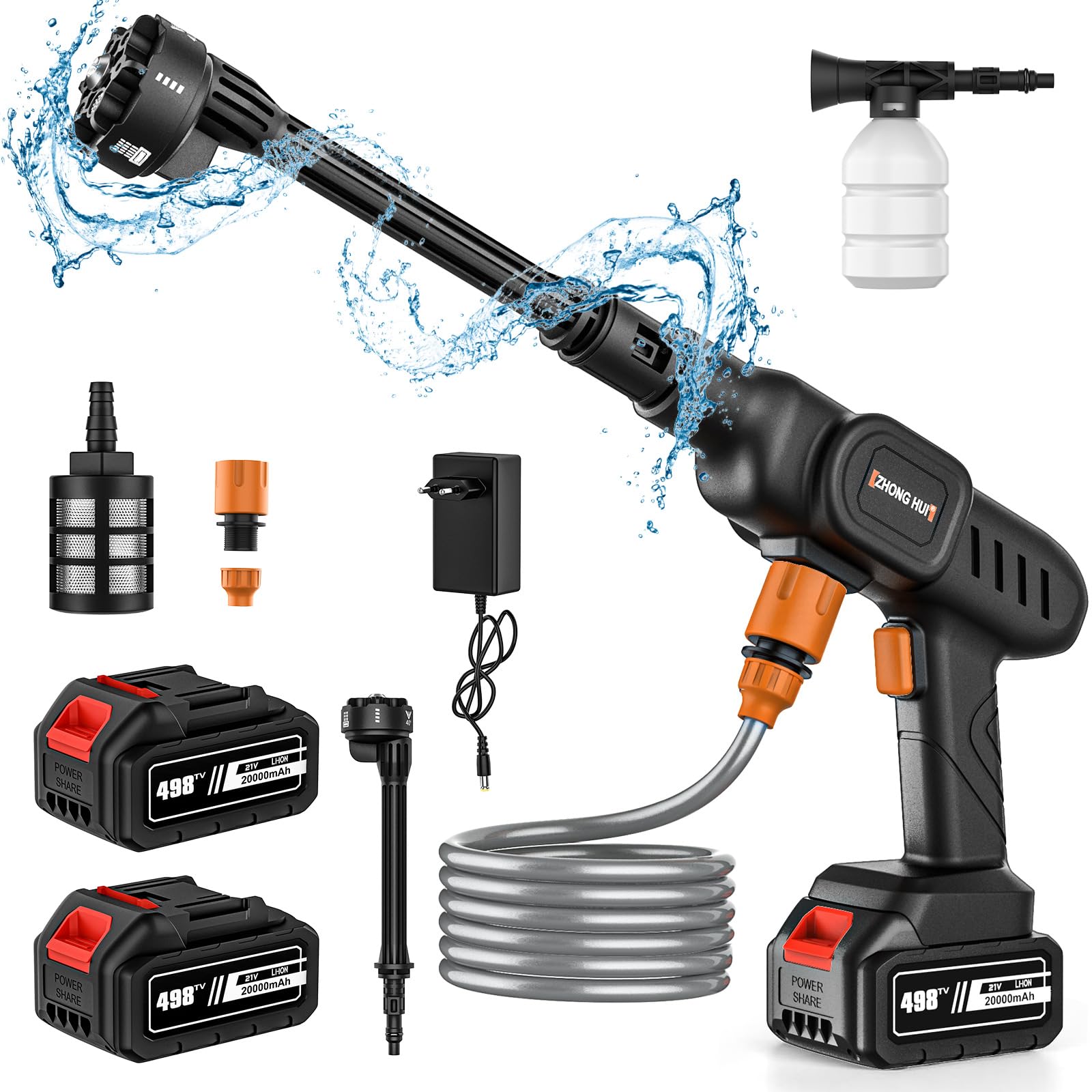 Nettoyeur Haute Pression sans Fil 60 Bar, 300W Nettoyeur Haute Pression à Batterie, Pistolet à Eau pour Lavage De Voiture avec Batteries, Tuyau 5m, Pulvérisateur de Mousse (B-2 Batterie)