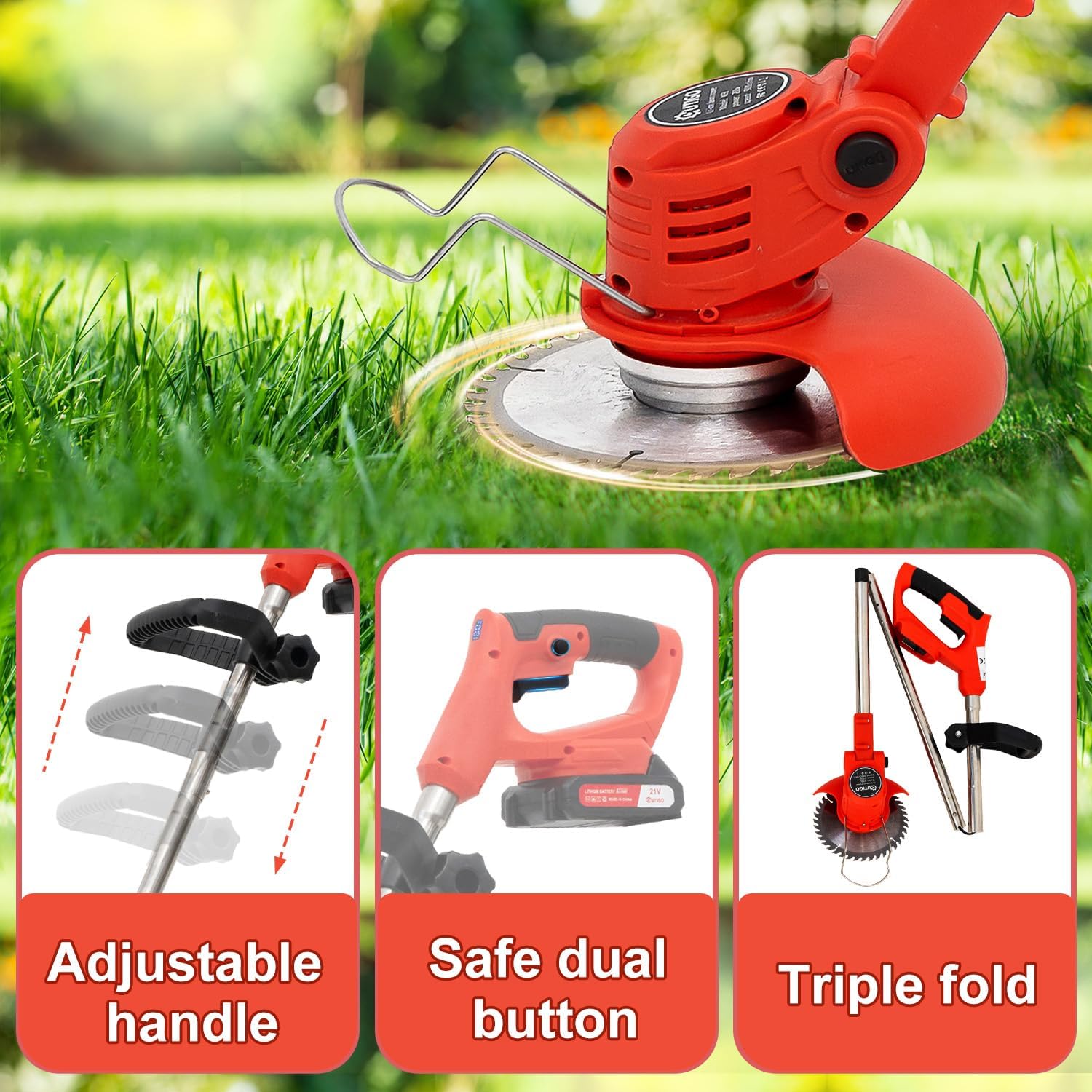 Debroussailleuse Electrique sans Fil, Débroussailleuse à Gazon Pliable avec 2 Batteries et 4 Types de Lames, Poignée réglable, Coupe Bordures pour la Coupe de Jardin, Pelouses et Terres Agricoles