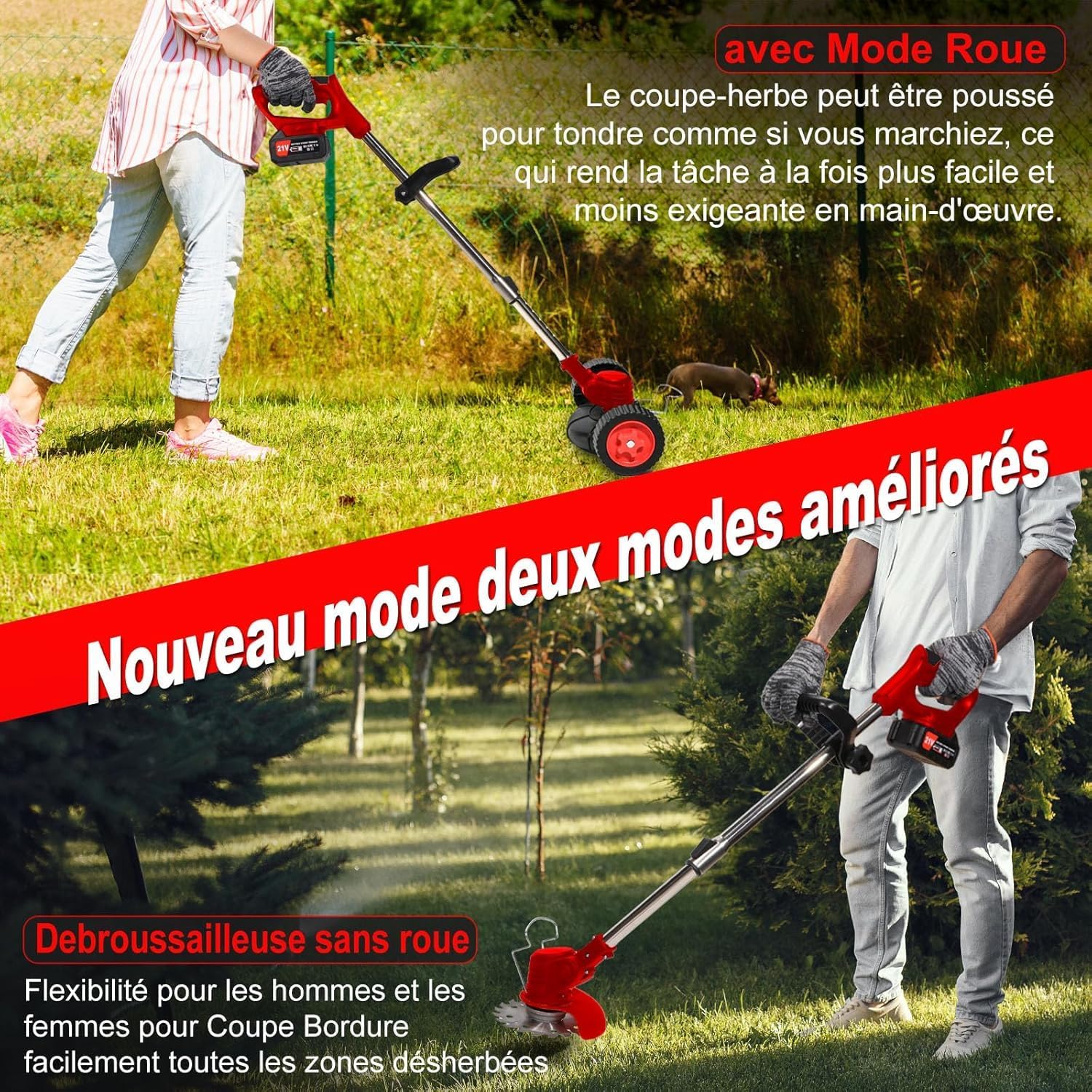 Debroussailleuse Electrique sans Fil 21V, Coupe Bordure sans Fil avec Batterie 4.0Ah et 3 Types de Lames, Débroussailleuses Electrique Batterie pour la Coupe de Jardin, Pelouses et Terres Agricoles