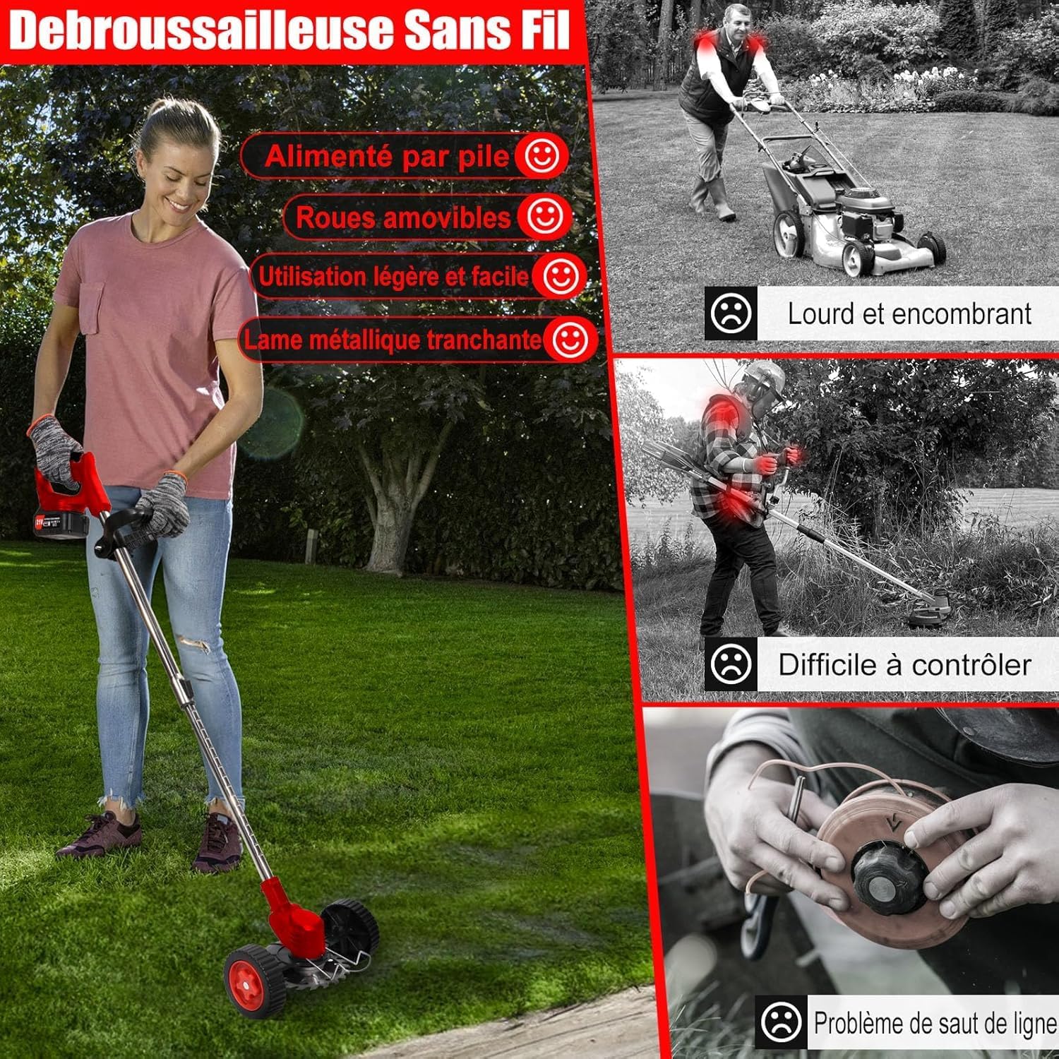 Debroussailleuse Electrique sans Fil 21V, Coupe Bordure sans Fil avec Batterie 4.0Ah et 3 Types de Lames, Débroussailleuses Electrique Batterie pour la Coupe de Jardin, Pelouses et Terres Agricoles