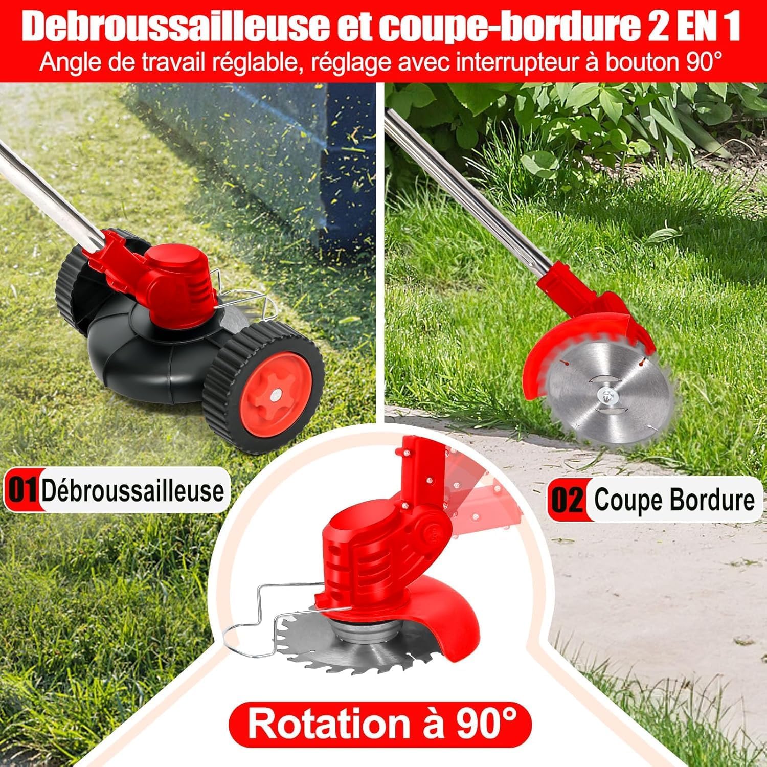 Debroussailleuse Electrique sans Fil 21V, Coupe Bordure sans Fil avec Batterie 4.0Ah et 3 Types de Lames, Débroussailleuses Electrique Batterie pour la Coupe de Jardin, Pelouses et Terres Agricoles