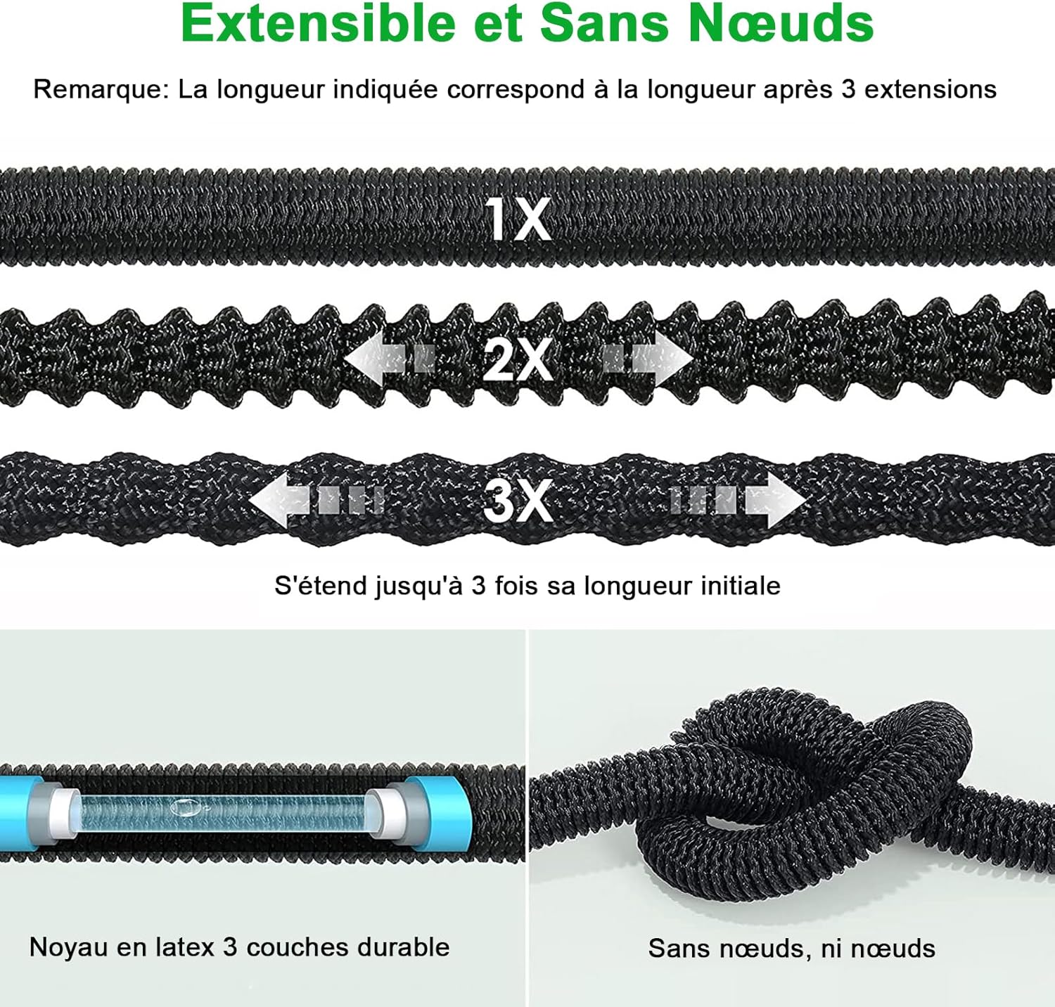 Tuyau d'arrosage Extensible avec 8 Modèles de Pulvérisation Convient aux Robinets de 1/2" et 3/4" Raccords Tuyau flexible et léger pour Jardin, Arrosage, Nettoyage avec Sac de Rangement